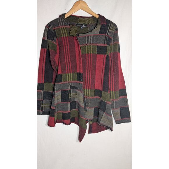 Liv by Habitat Womens Patchwork Sweater Sz XS Artsy Plaid Earthy Red Green Boho - Picture 3 of 7